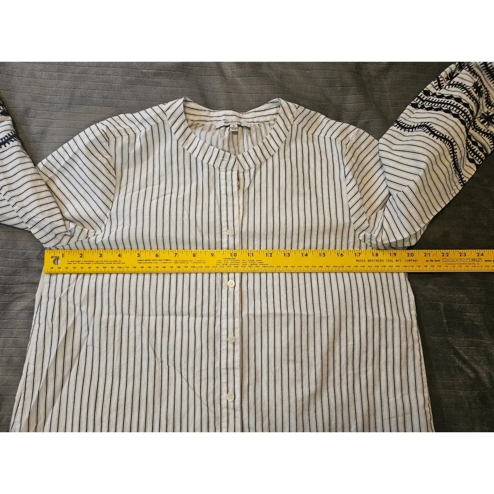 Madewell Womens Medium Blue White Striped Embroidered Puff Sleeve Button Top